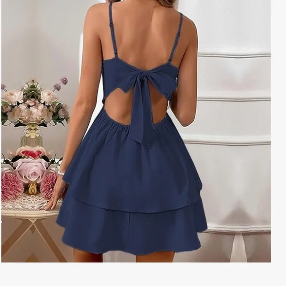 NWT Dark Blue Layered Mini Dress: Dance, Party, Holiday. Large. QNNGX - Picture 3 of 12